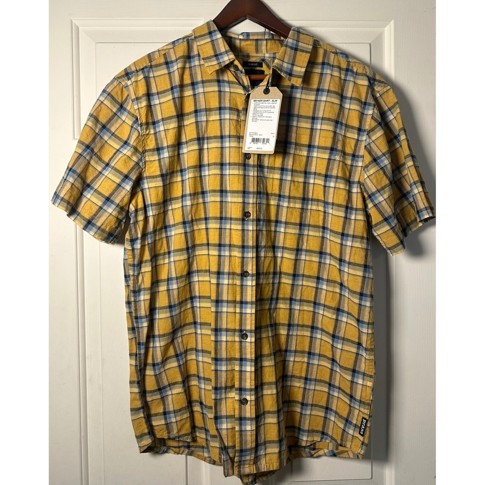 PrAna Shirt Mens L‎ Yellow Plaid Bryner Button Up Organic Cotton Shirt NWT